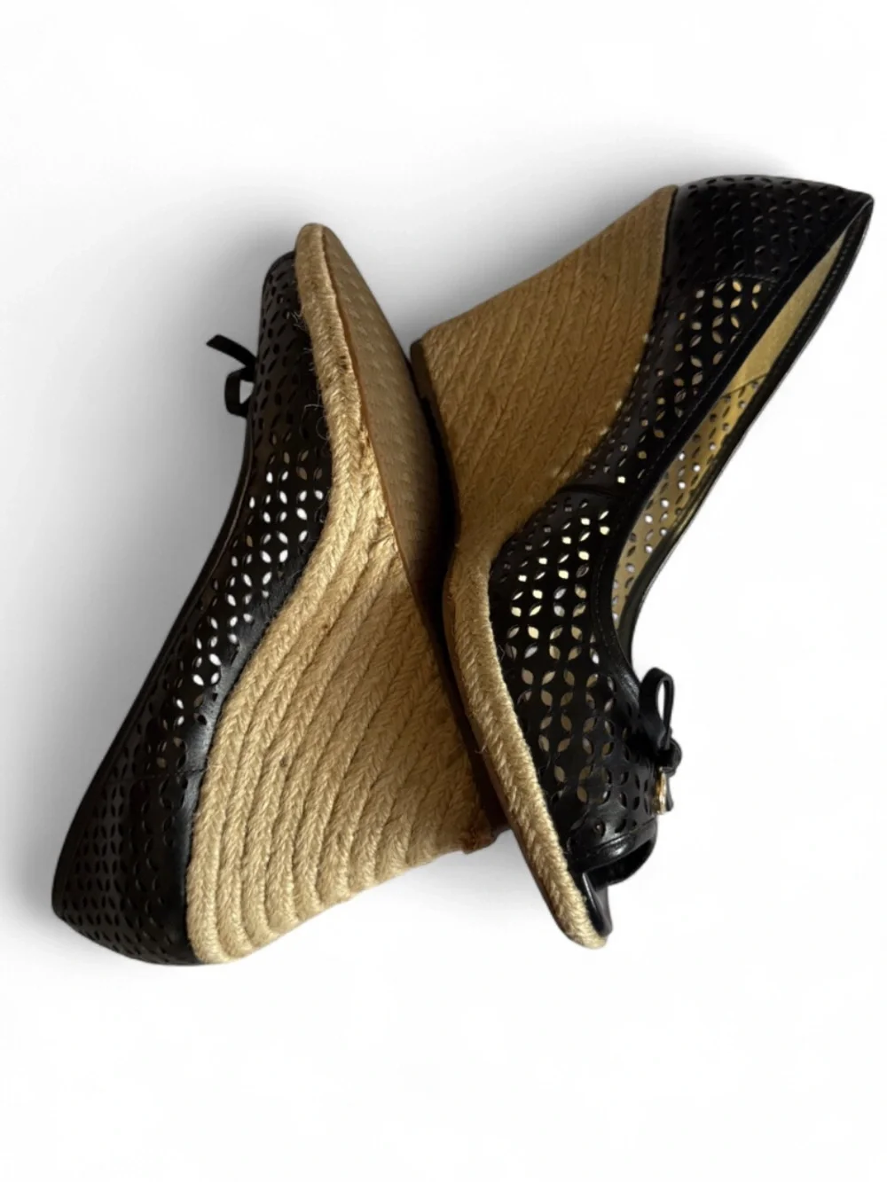 MICHAEL Michael Kors Black Perforated Peep-Toe Wedges with Gold Emblem